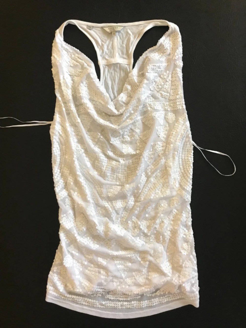 NEW Guess White Mesh Sequin drape Neck Racer back Stretchy top S Small